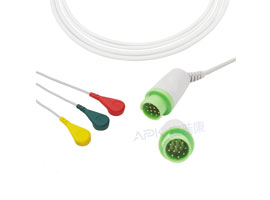 A3022-EC0 GE Healthcare > Corometrics Compatible One piece 3-lead ECG Cable 10KΩ Snap, IEC 12pin