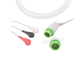A3122-EC1 GE Healthcare > Corometrics Compatible One piece 3-lead ECG Cable 10KΩ Clip, AHA 12pin