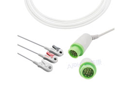 A3122-EC1 GE Healthcare > Corometrics Compatible One piece 3-lead ECG Cable 10KΩ Clip, AHA 12pin
