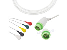 A5022-EC0 GE Healthcare > Corometrics Compatible One piece 5-lead ECG Cable 10KΩ Snap, IEC 12pin