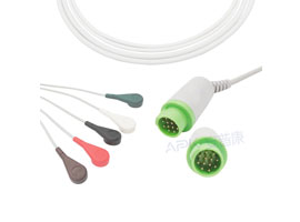 A5022-EC1 GE Healthcare > Corometrics Compatible One piece 5-lead ECG Cable 10KΩ Snap, AHA 12pin