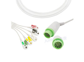 A5122-EC0 GE Healthcare > Corometrics Compatible One piece 5-lead ECG Cable 10KΩ Clip, IEC 12pin
