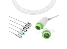 A5122-EC1 GE Healthcare > Corometrics Compatible One piece 5-lead ECG Cable 10KΩ Clip, AHA 12pin