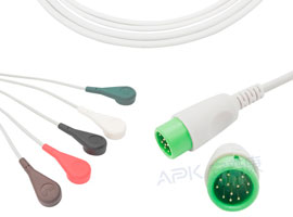 A500C-EC1 Comen Compatible One piece 5-lead ECG Cable Snap, AHA 12pin