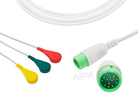A300C-EC0 Comen Compatible One piece 3-lead ECG Cable Snap, IEC 12pin
